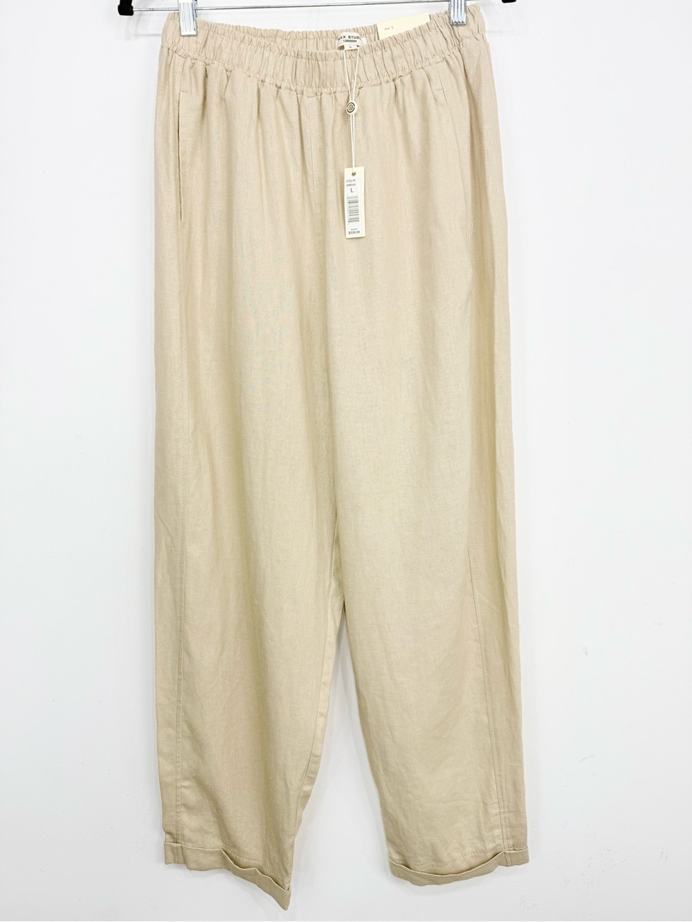Max Studio Tan Linen Blend Barrel Leg Stretch Waist Trouser Pants NEW